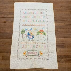 VTG Cross Stitch Baby Blanket Alphabet Yellow Quilt 33x53